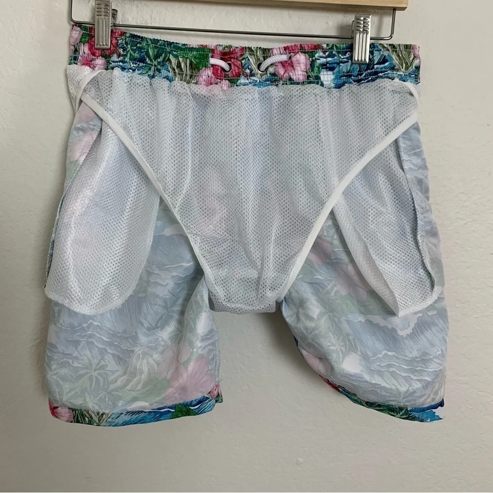 Franks Swim Trunks Mesh Lined Men’s M Pockets Boardshorts Logo Hibiscus Aloha